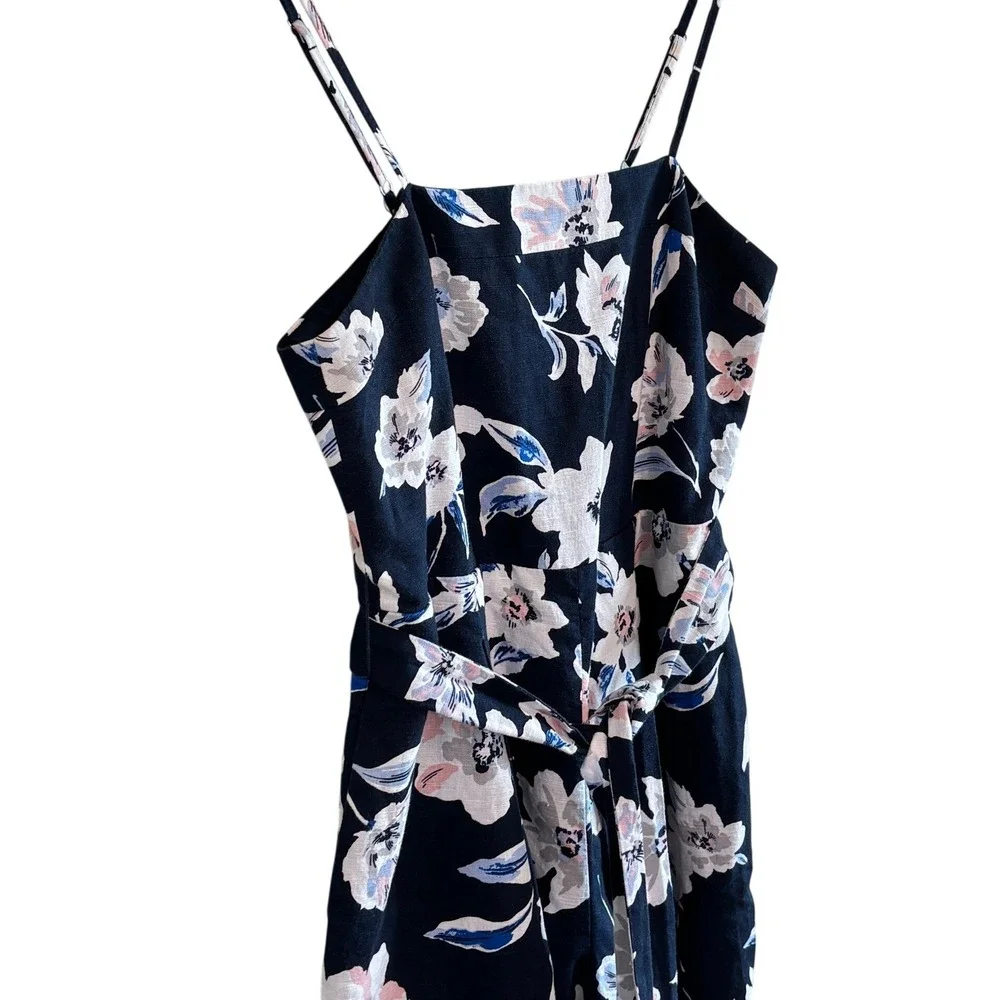 Banana Republic Floral Linen Jumpsuit Navy Blue Size 2 Petite Wide Leg Tie-Waist